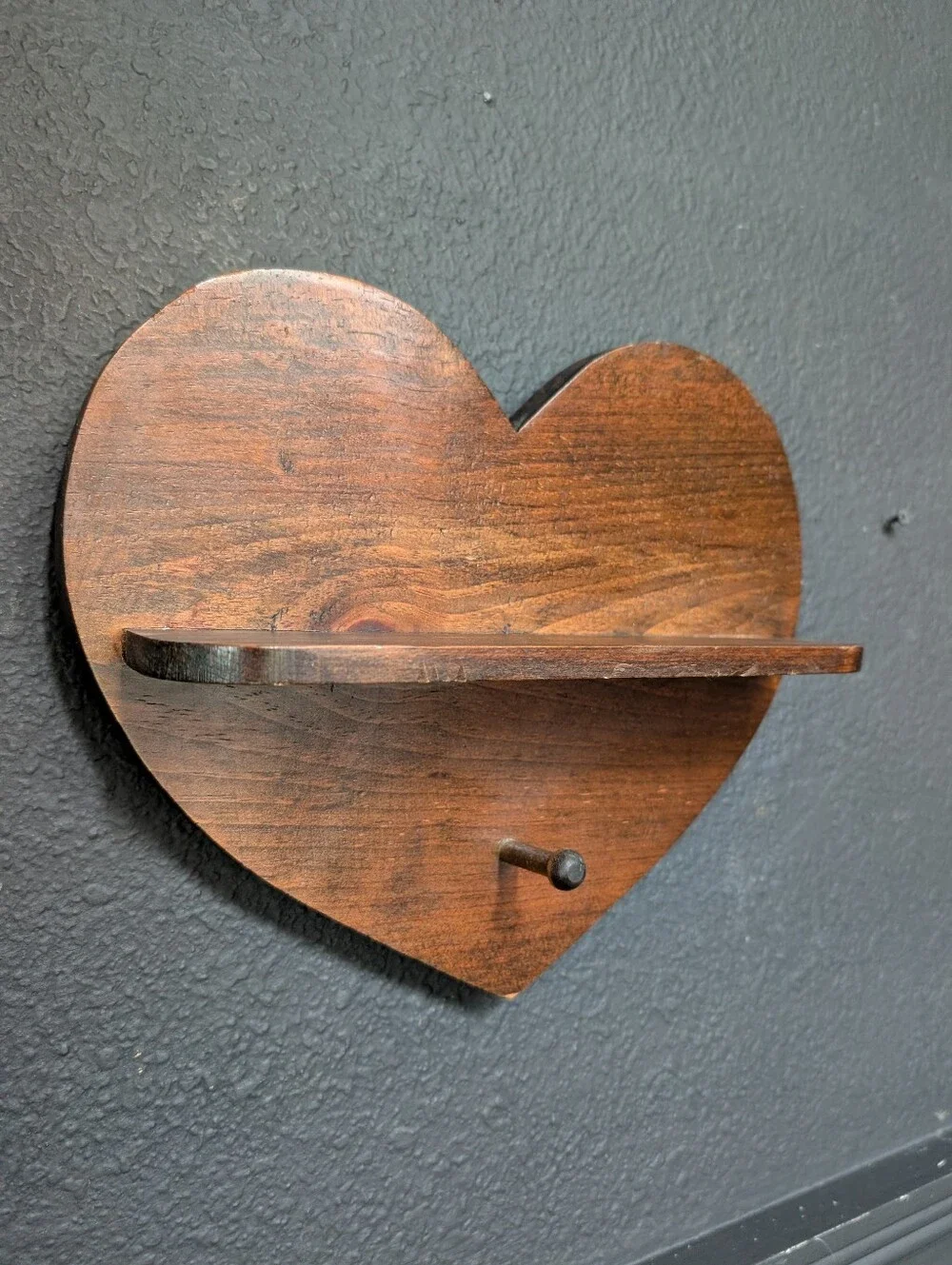 Vintage Walnut Color wooden heart-shaped wall shelf, small display ledge